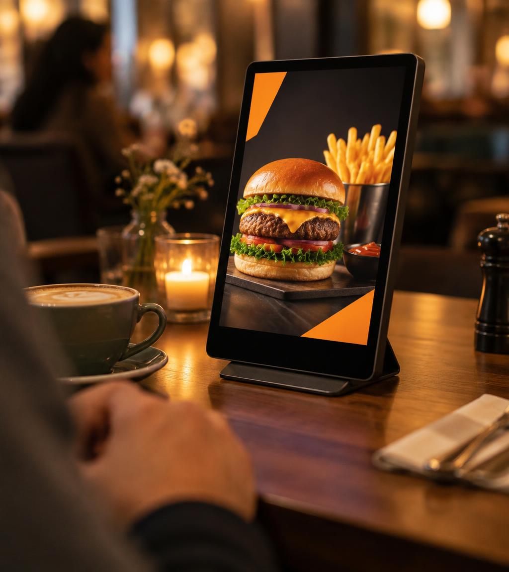 Pantalla digital sobre la mesa de un restaurante mostrando una hamburguesa destacada